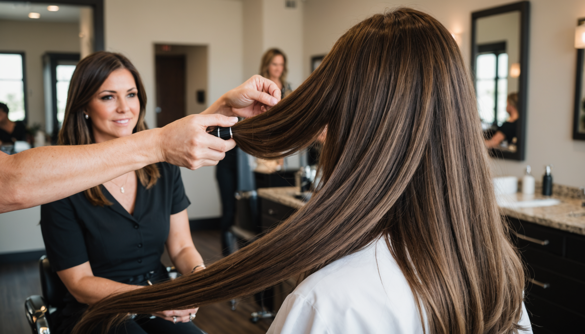 Stylist carefully installing flat beaded row hand-tied extensions on long brunette hair.