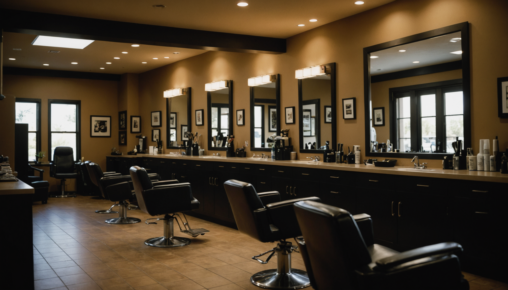 Sunlit Scottsdale salon interior with sleek white marble stations and warm gold accent lighting