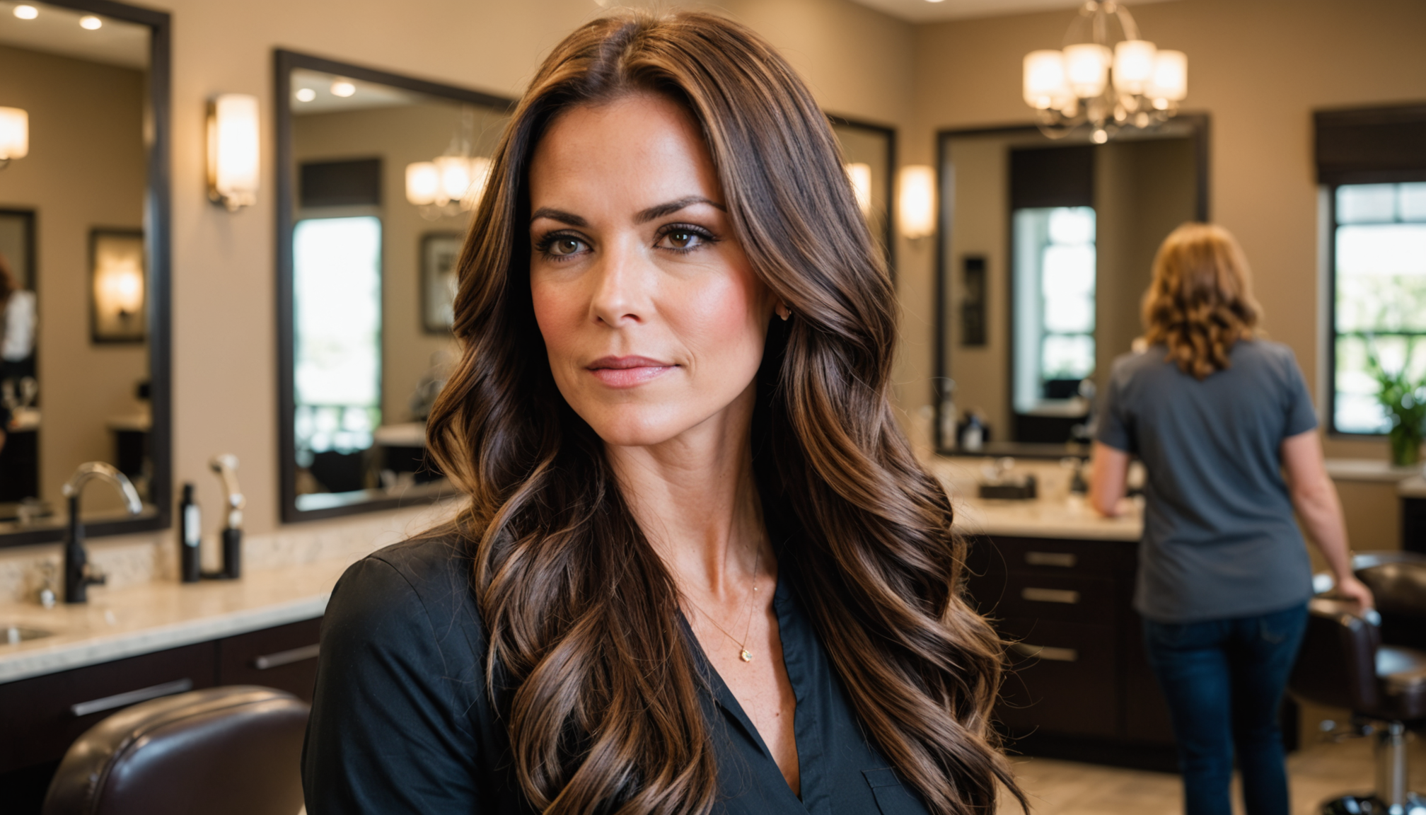 Stylist applying keratin smoothing treatment to long brunette hair in a modern salon