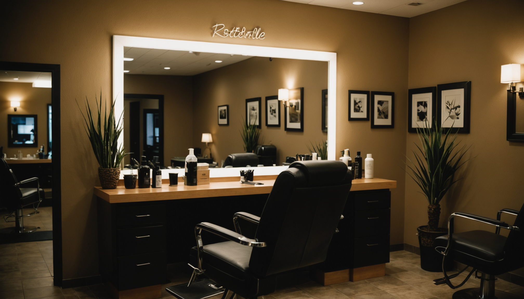 Stylist reviewing color swatches with client at white marble salon station in warm gold light